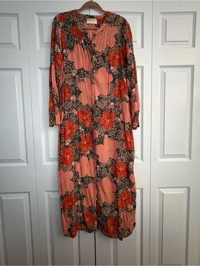 One Season Australia Coral and Red Floral Long Sleeve button front Midi Dress S
